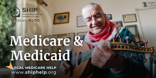 A man with glasses wearing a red and white scarf plays an oud, a stringed instrument, indoors. Blog caption, Medicare & Medicaid.