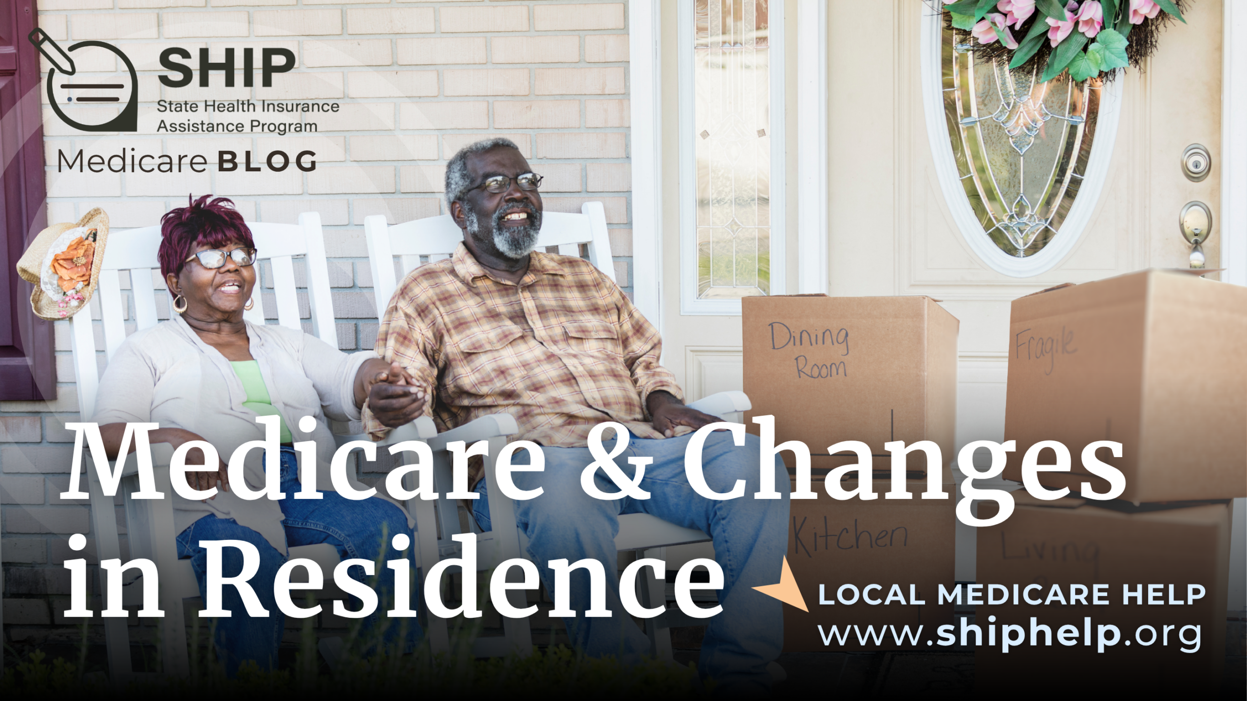 A couple sits on rocking chairs on a porch in front of a white door with stack of moving boxes next to them